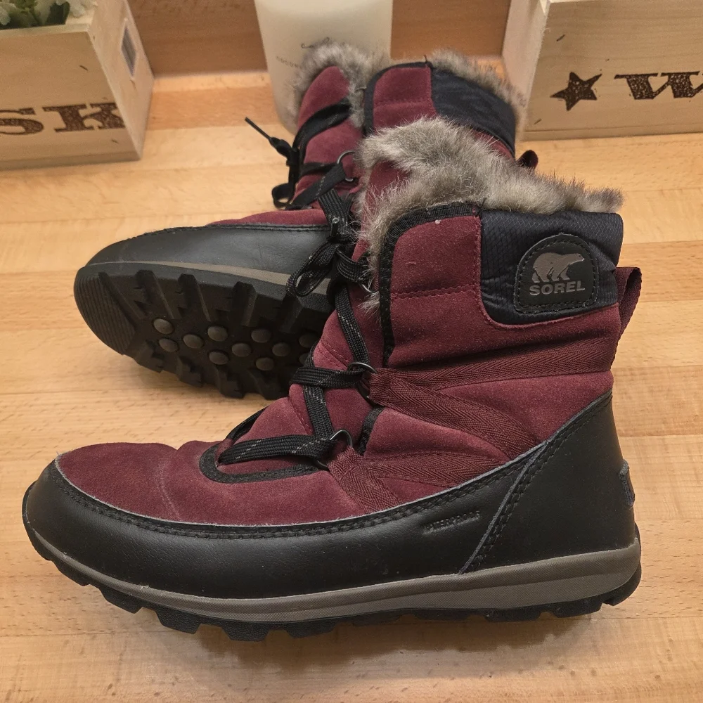 Sorel Tivoli Sport Cattail Boot Maroon Faux Fur Lined Waterproof Womens Size 9.5